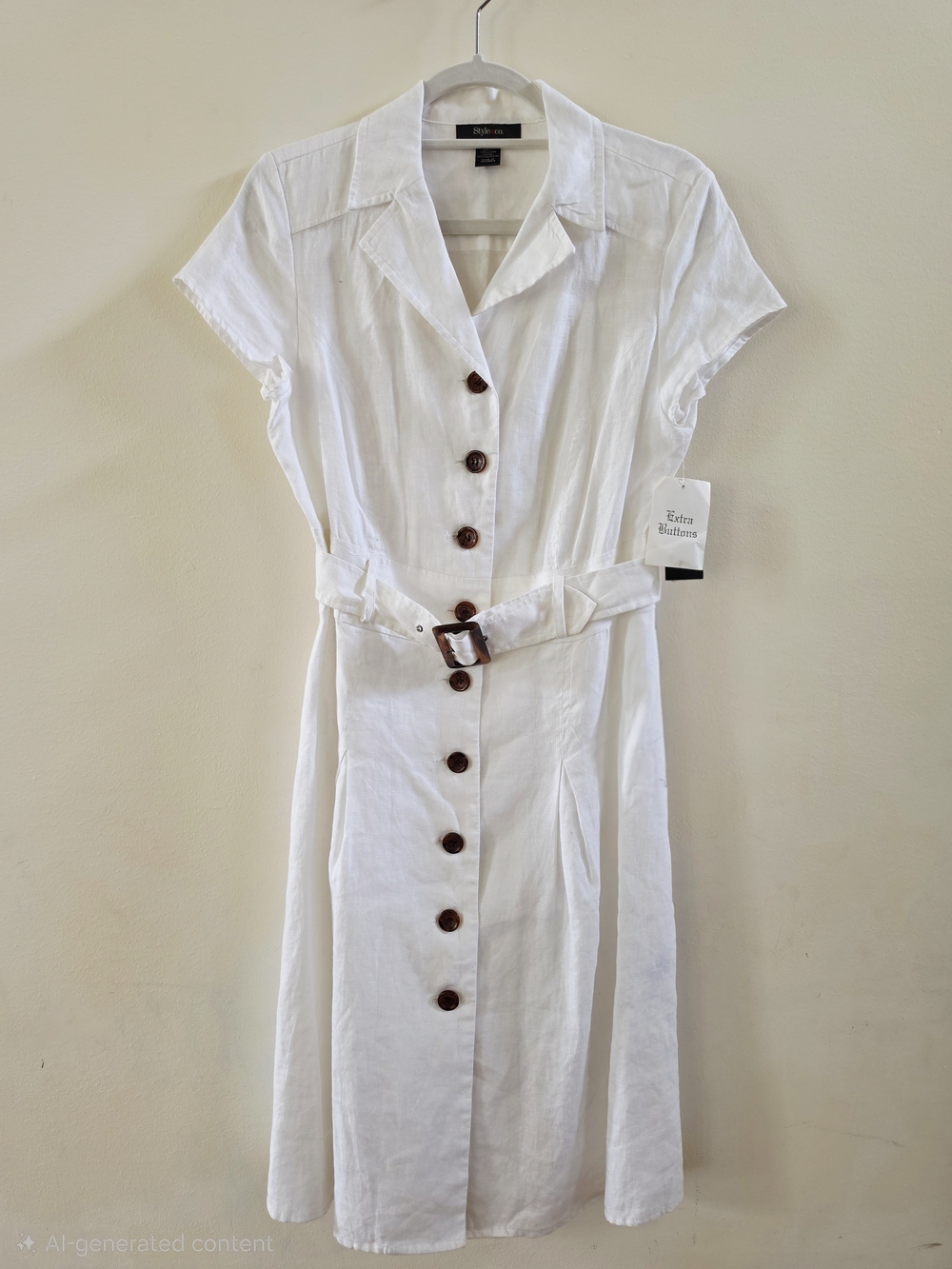 NWT! Style & Co. Linen White Button-Front Midi Dress with Belt Size 10 - Picture 2 of 5